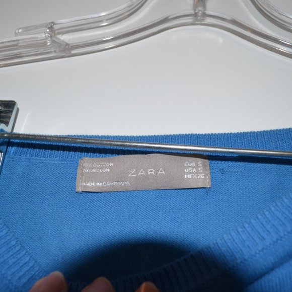 ZARA Blue 3/4 Sleeves Scoop-Neck Knit Cotton-Nylon Sweater Women S - Picture 2 of 6